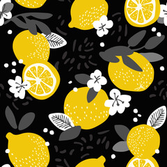 Seamless citrus and floral pattern. Lemon fruits background. Flowers, leaves, lemons on dark background.