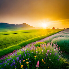 Big green field with flowers and a sunset
