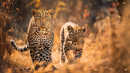 A leopard in the wild is looking at the camera