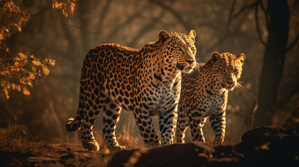 Fototapeta premium A leopard in the wild is looking at the camera