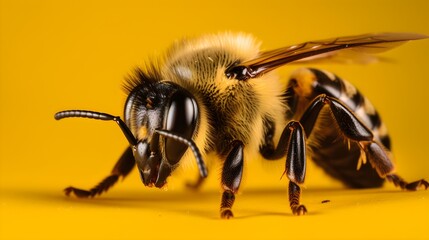 Busy Bee in Action on Yellow Studio Background