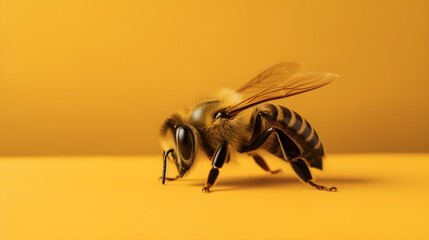Busy Bee in Action on Yellow Studio Background