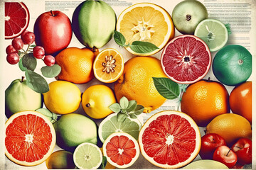 Retro style food poster. Tropical fruits grapefruit, lemon, orange and lime. Generative AI
