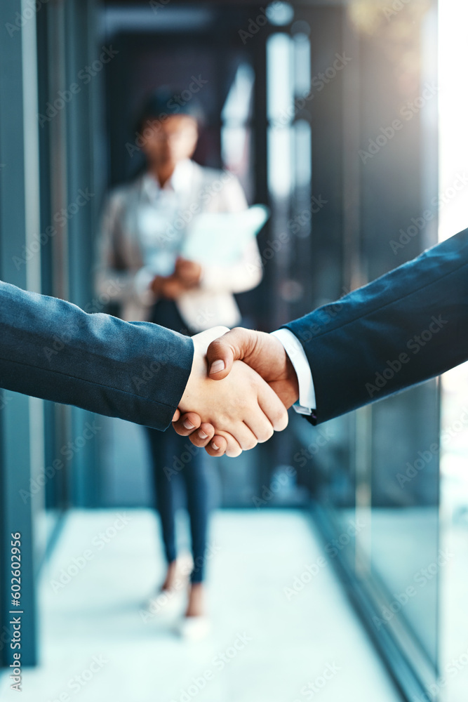 Aufkleber handshake, business people with agreement and support with collaboration, welcome and introduction. 