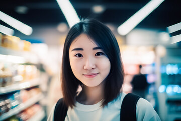 Against the dimly lit background of a supermarket department store, an Asian girl stands before a shelf, browsing the items available. generative AI