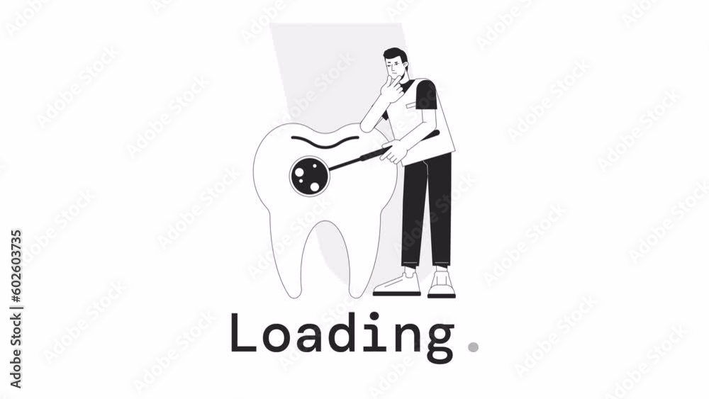 Poster stomatology bw loader animation. animated male dentist with tooth. flash message 4k video footage. i