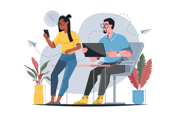 People use gadgets yellow concept with people scene in the flat cartoon design. Two employees complete business tasks using mobile gadgets. Vector illustration.