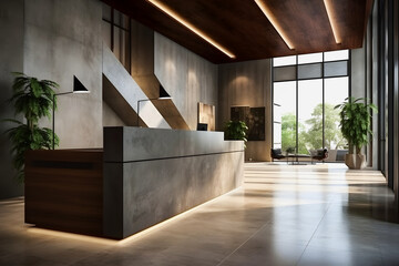 Designing Tomorrow's Office: Innovative Reception Desk for High-End Concierge Service in Modern Architectural Masterpiece - obrazy, fototapety, plakaty
