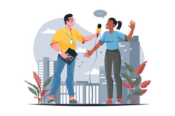 Journalism yellow concept with people scene in the flat cartoon style. A journalist interviews a woman on the street. Vector illustration.