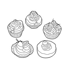 Various cakes with cream and berries and fruits. Hand drawn vector illustration.