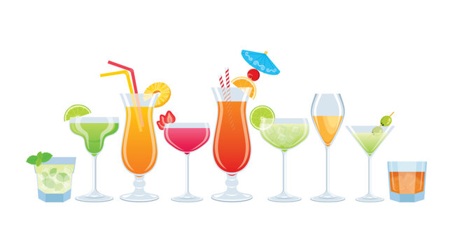 Various colorful cocktails drinks in a row vector illustration. Different types of alcoholic drinks icon set isolated on a white background. Alcoholic mixed drink graphic design element