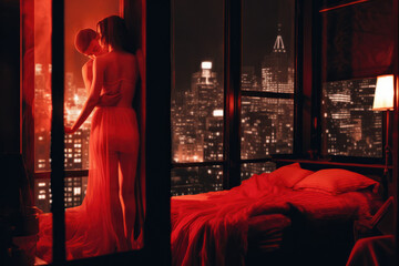  Sensual Double Exposure. Captivating artistic photo from the 1980s featuring a woman wearing black lace and a man in a penthouse bedroom at night. Romantic Red Noir concept AI Generative