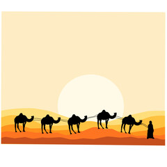 Fototapeta na wymiar Camel caravan through desert vector illustration, Islamic background