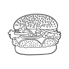 Hand drawn cheeseburger with meat patty in outline doodle style. Vector.