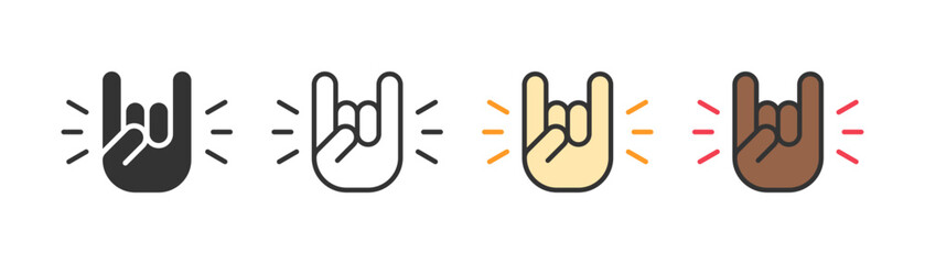 Rock hand icon on light background. Festival symbol. Fans, roker, rock-n-roll, gesture, music. Outline, flat and colored style. Flat design. Vector illustration.