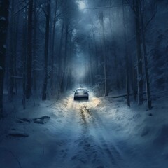 A Car on a Narrow Snow-Covered Forest Road Generative AI