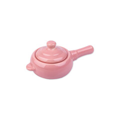 Pink ceramic pan with cover isolated over white background