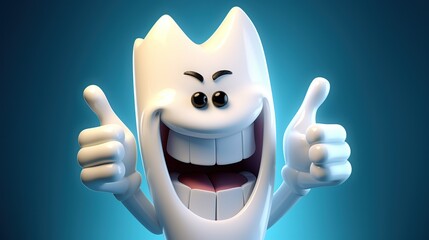3D realistic happy white tooth character. Tooth cartoon with thumbs up on bright background. Cleaning and whitening teeth concept. Oral health and dental inspection teeth. Generate Ai