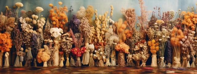 A banner featuring a collection of dried flowers arranged in a wild, organic manner, with a blurred background that gives the impression of being surrounded by nature. Generative AI