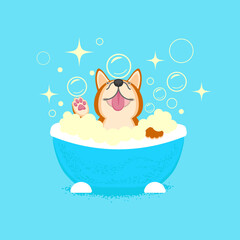 Naklejka premium Happy puppy in the bath. Cute happy dog. Color vector illustration in cartoon flat style. 