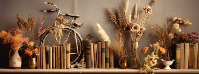 A banner featuring a single dried flower in a unique or unexpected setting, such as a bookshelf, desk, or bicycle basket, that adds interest and curiosity. Generative AI