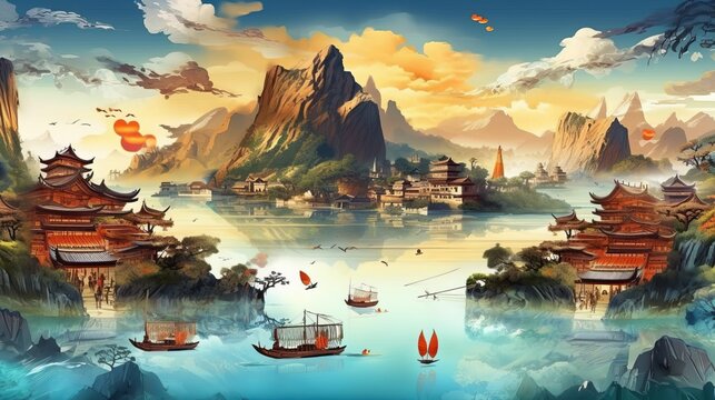 Chinese landscape map with distant mountains and clear river