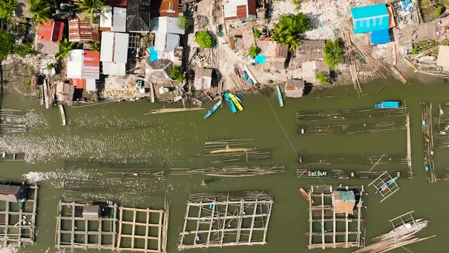 Aerial view of village with a fish farm on the river. Hinigaran River. Negros, Philippines