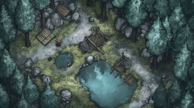 fantasy role play rpg asset isometric map, mine campsite - by generative ai