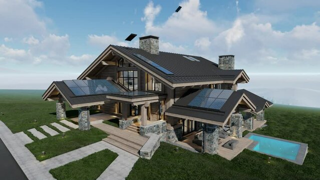 4K video rendering of installation Solar panels on the roof of modern cozy chalet with pool and parking for sale or rent. Beautiful forest mountains on background. 