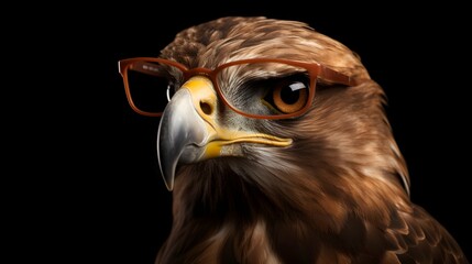 Intelligent Eagle Wearing Glasses on Dark Brown Studio Background