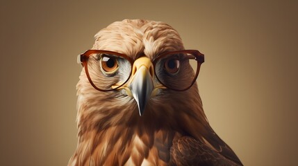Intelligent Eagle Wearing Glasses on Light Brown Studio Background