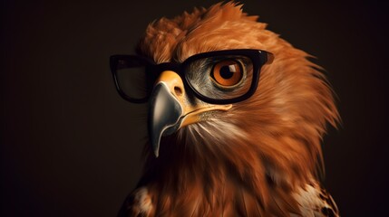 Intelligent Eagle Wearing Glasses on Dark Brown Studio Background