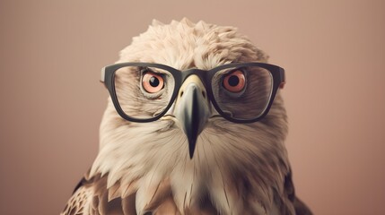 Intelligent Eagle Wearing Glasses on Light Brown Studio Background