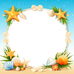 Bright Summer Decoration Frame With Sea Stars And Shells. Empty Transparent Copy Space. Vacation Template. Ai generative