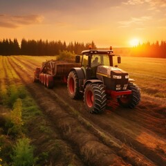 Modern Tractor: Sunset Field Work. Generative AI