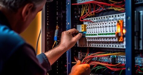 Professional Technician Testing Server Box Electrical System with Safety Gear