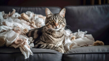Cute tabby cat lies on the sofa with a torn pillow. Generated AI