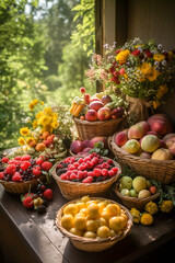Fototapeta na wymiar Bountiful Summer produce with plenty of fresh vibrant berries, fruits and flowers in baskets showing Self sufficient farming and organic produce, made with Generative AI