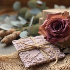 Dried rose on a card,Lacerose and lace invitation,Generative, AI, Illustration.