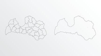 Black Outline vector Map of Latvia with regions on white background