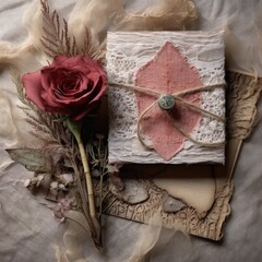 Dried rose on a card,Flowers on invitation,Vintage ,Generative, AI, Illustration.