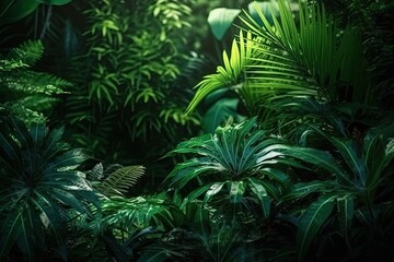 Naklejka na ściany i meble Tropical rainforest green leaf,Dark nature concept, tropical leaf,Generative, AI, Illustration.