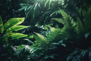 Fern leaf in Forest, Leaves in the garden, Fresh green leaves background in the garden with sunlight.,Generative, AI, Illustration.