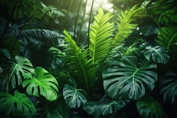 Green leaves pattern background, Nature leaves, green tropical forest,Natural background and wallpaper,Generative, AI, Illustration.