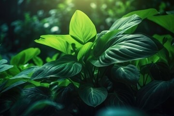 Tropical rainforest green leaf,Dark nature concept, tropical leaf,Generative, AI, Illustration.