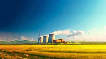 Fototapeta na wymiar Nuclear Power Plant Under a Clear Sky - Daytime View with Copy Space