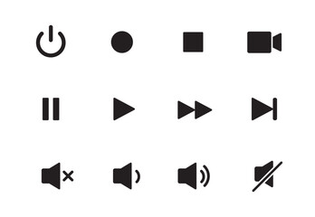 Audio, video, music player button icon. Sound control, play, pause button solid icon set. Camera, media control, microphone interface pictogram. Vector illustration.