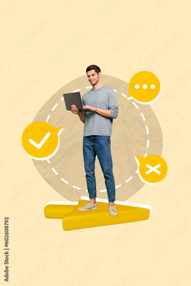 Poster vertical photo 3d collage confident business assistant man stand arrow pointer indicate finish deal 
