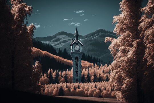 Tower in the Black Forest Landscape with beautiful sunset, Heimat,  Dark Forest, Moody forest generative ai, 