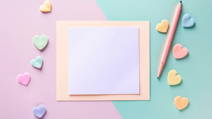Top View of Blank Paper, Pen, Colorful Hearts on Pastel Background. Valentine’s Day Concept, Love Letter Preparation, Romantic Gesture.